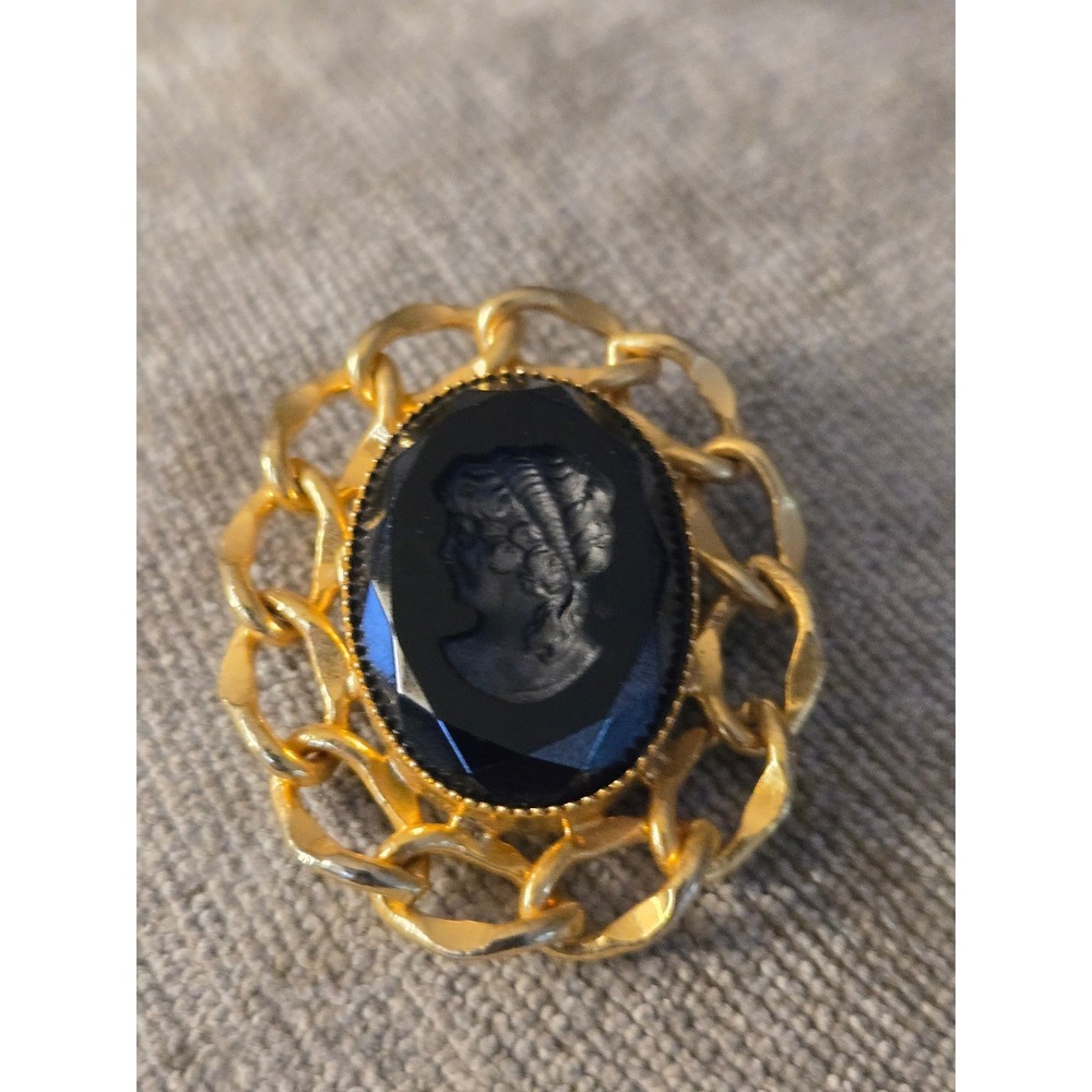 Cameo Intaglio Black Glass Brooch Pendant Goldtone Victorian Revival Vintage
